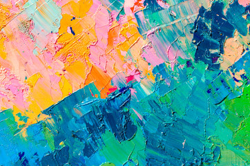 Abstract colorful oil painting on canvas. Oil paint texture with brush and palette knife strokes. Multi colored wallpaper. Macro close up acrylic background. Modern art concept. Horizontal fragment.