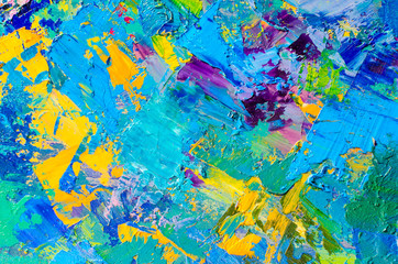 Abstract colorful oil painting on canvas. Oil paint texture with brush and palette knife strokes. Multi colored wallpaper. Macro close up acrylic background. Modern art concept. Horizontal fragment.