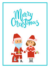 Merry Christmas poster Santa Claus and Snow Maiden in red holiday costumes. Mother and father changed to greet children. Sack with snowman print, vector