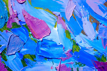 Abstract colorful oil painting on canvas. Oil paint texture with brush and palette knife strokes. Multi colored wallpaper. Macro close up acrylic background. Modern art concept. Horizontal fragment.