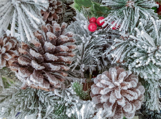 Festive Gifts Decorated with Linen Cord, Cinnamon, Pine cones, Walnuts. Toned image. Snow Drawn