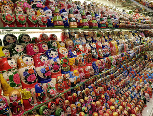 A variety of Russian souvenirs with different images, are sold in the shops on the street Old Arbat in Moscow city.