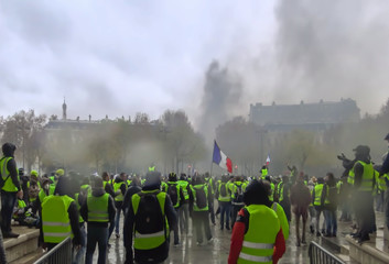 Abstract, blur, bokeh background, defocusing - image for the background. Street riots in Paris,...