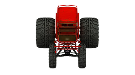 Vecchia carrozza rossa steampunk senza cavalli, con ruote giganti da fuoristrada, illustrazione 3d, rendering 3d - obrazy, fototapety, plakaty