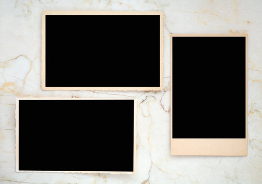 old empty photo frames, vintage photo prints, photographs with free space for pictures