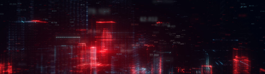 3d rendered wide abstract futuristic night city concept. Transparent business skyscrapers made of bright particles. Hologram buildings. Interface elements. Architectural digital technology structure