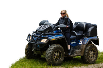 A happy woman riding a quad bike isolated, white, background © Angelov
