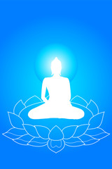 White silhouette Buddha in Buddhism sitting on a lotus, blue background