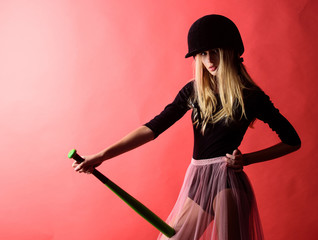 Gentle but aptly. Kick off. Focused on result. Woman enjoy play baseball game. Girl tender blonde wear helmet hold baseball bat red background. Woman in baseball sport. Baseball female player concept