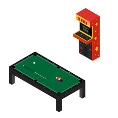 Game room concept. Arcade game machine and pool billiard table isolated on white. Isometric