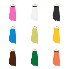 Vector illustration of different color skirt on hanger isolated on white background. Fashion design collection