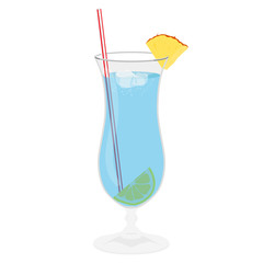 Classic alcohol cocktail drink isolated on white. Vector illustration. Blue lagoon coctail with pineapple