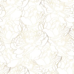 Beautiful backdrop with blooming tulips flowers, hand drawn with golden contour lines on white background. Gorgeous floral decoration. Botanical illustration.
