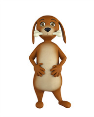 Cartoon cute dog with a white bone isolated on white background. 3d render