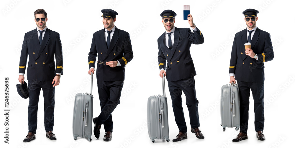 Wall mural collage of handsome pilot in black uniform standing with suitcase, passport and cup of coffee isolated on white