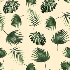 Tropical background with jungle plants. Seamless vector tropical pattern with palm monstera leaves. Light yellow background.
