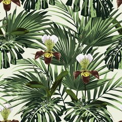Fototapety  Lato Hawajski wzór z wieloma rodzajami liści palmowych i egzotycznych kwiatów orchidei. Tapeta botaniczna w stylu hawajskim. Jasne tło.