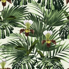 Canvas schilderij Jungle Summer Hawaiian seamless pattern with many types of palm leaves and exotic orchid flowers. Botanical wallpaper, Hawaiian style. Light backdrop.  © Iuliia