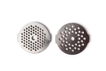 Sieve (nozzle) for meat grinder isolated on white background.