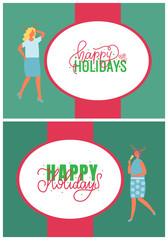 Happy New Year holidays greeting cards with people. Christmas party celebration woman in horns, drinking champagne. Females on high heels celebrating Xmas