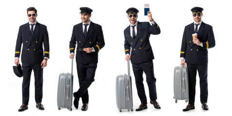 collage of handsome pilot in black uniform standing with suitcase, passport and cup of coffee isolated on white © LIGHTFIELD STUDIOS
