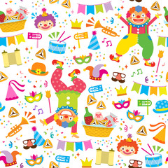 Colorful seamless pattern with clowns and symbols of Purim