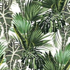 Fototapety  Piękny kwiatowy wzór tła z liści tropikalnych palm jasne i egzotycznych roślin. Idealny do tapet, tła stron internetowych, tekstur powierzchni, tekstyliów. Białe tło.