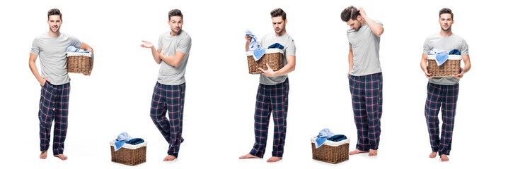 collage of handsome young man in pajama looking and holding laundry basket isolated on white