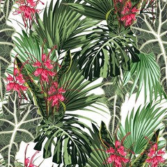 Fototapety  Wzór z tropikalnych liści i rajskich czerwonych kwiatów protea. Jasnozielone liście monstera palmy na białym tle. Tropikalna ilustracja. Liście dżungli.