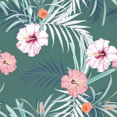 Fotobehang Seamless pattern with exotic tropical plant, palm leaves and pink hibiscus flowers. Tropical illustration. Jungle foliage. © Iuliia