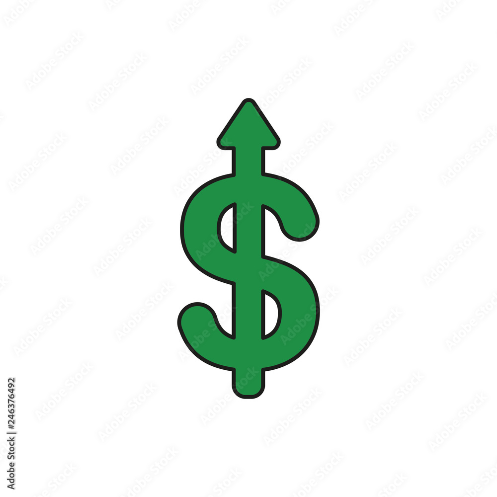 Poster flat design style vector concept of dollar symbol icon with arrow pointing up on white. colored, bla