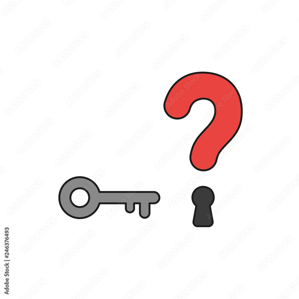 Poster flat design style vector concept of question mark with key and keyhole icon on white. colored, black