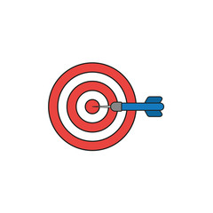Flat design style vector concept of bullseye with dart icon in the center on white. Colored, black outlines.