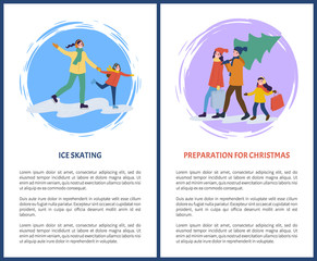 Preparation for Christmas holidays ice skating text posters vector. Mother and father carrying pine tree, evergreen fir, mom holding hand of daughter