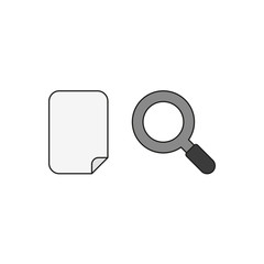 Flat design style vector concept of blank paper with magnifying glass or magnifier icon on white. Colored, black outlines.