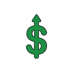 Flat design style vector concept of dollar symbol icon with arrow pointing up on white. Colored, black outlines.