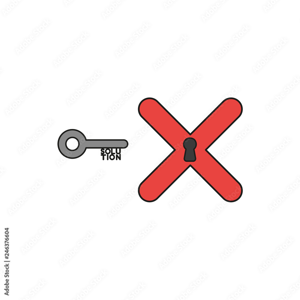 Poster flat design style vector concept of key with solution text and x mark with keyhole icon on white. co