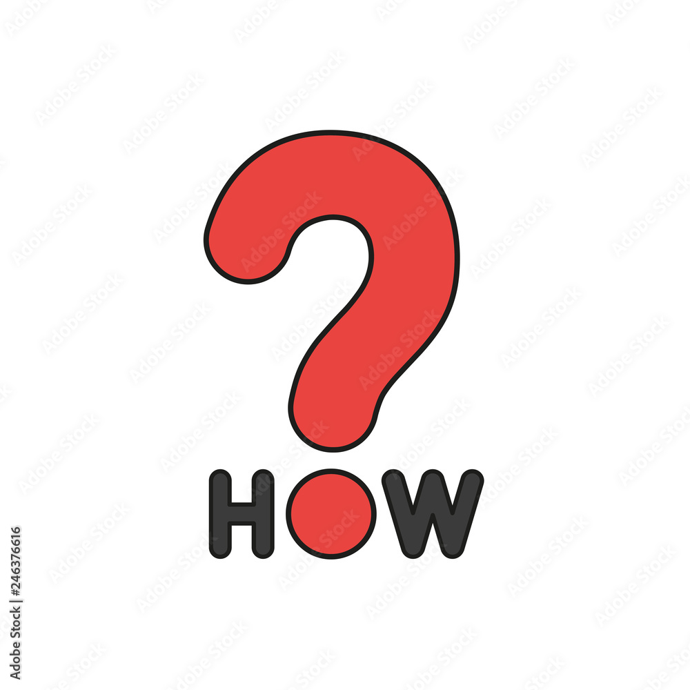 Aufkleber flat design style vector concept of how text with question mark icon on white. colored, black outlin