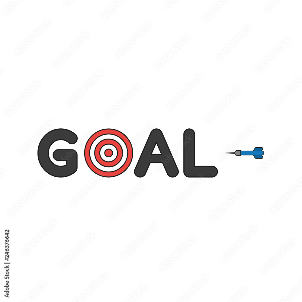 Poster flat design style vector concept of goal text with bulls eye and dart icon on white. colored, black 