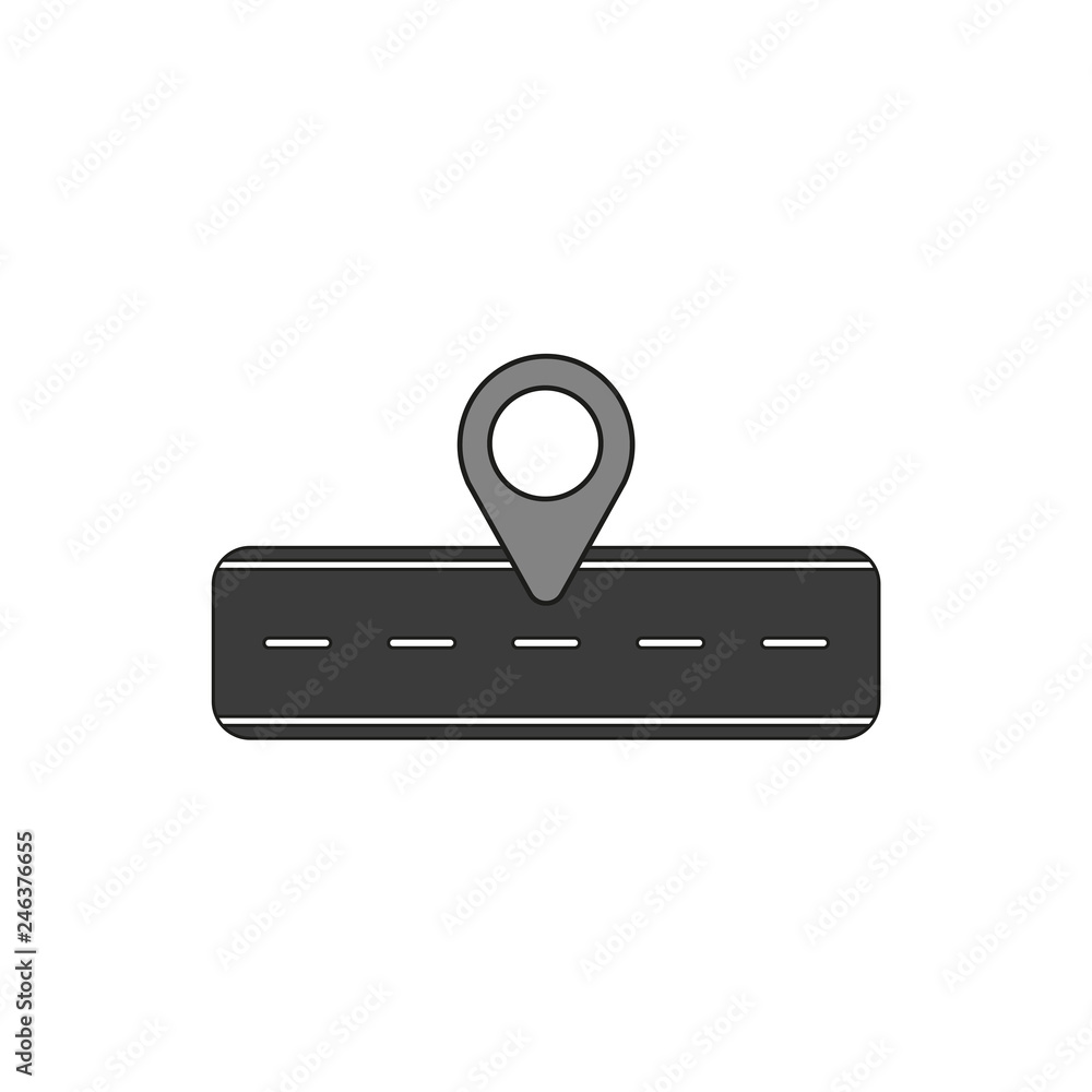 Poster flat design style vector concept of road and pointer icon on white. colored, black outlines.