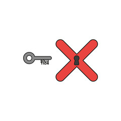 Flat design style vector concept of key with solution text and x mark with keyhole icon on white. Colored, black outlines.