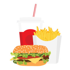 Fast food meal with french fries, burger and soda drink takeaway isolated on background. Fast food icon. Unhealthy eating