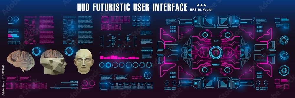 Poster hud medical virtual graphic touch user interface. brain scanning accurate facial recognition biometr