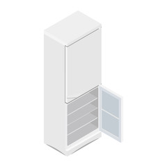 Vector illustration isometric grey empty refrigerator. Refrigerator or fridge icon