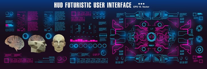 HUD medical virtual graphic touch user interface. Brain scanning accurate facial recognition biometric technology. 3D Low Poly brain scanning,