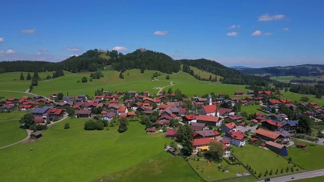 Aerial view of Eisenberg and castle ruins, Allgau Alps, Allgau, Swabia, Bavaria, Germany, Europe