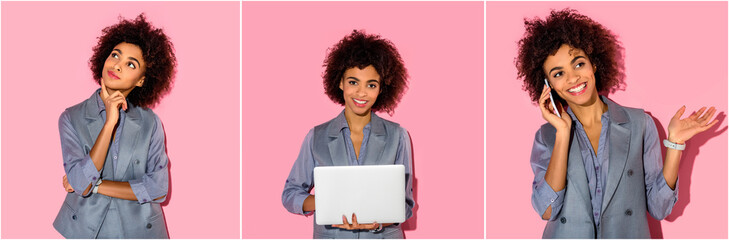 collage of young african american businesswoman thinking, using laptop and talking on smartphone on...
