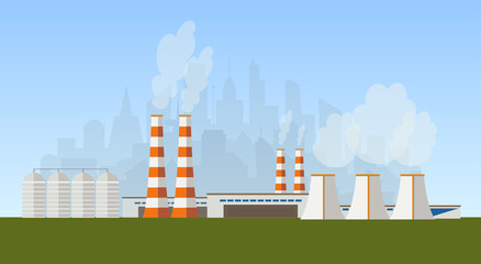 Obraz premium vector flat illustration of industrial zone, factory or power plant not far from the city