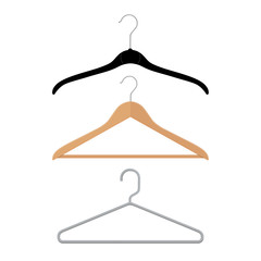 Wooden, plastic and metal wire coat hangers, clothes hanger on a white background