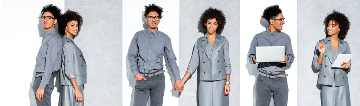 collage of young african american businesswoman and man holding hands, working with gadgets on grey and white background